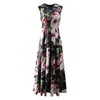 Women's Summer Runway Dresses Designer Floral Print Sleeveless Midi Dress O Neck Vintage Casual Aline Vestidos Party Holiday Robe Femmes Black