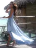 2024 Seksi V Boyun Balo Elbiseleri Gök Mavisi Yüksek Düşük Düşük Satin Domantılı Kayışlar Kanat resmi gece elbisesi