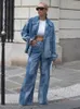 Damen zweisteuelhafte Hosen Modik Patchwork Langarm Mantel Blue Wide Leg Pant 2 Set für Frauen Chic Revers Outfit Anzug Outfit