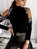 Women's T Shirts Fashion Spring And Autumn Stand Collar Solid Color Sexy Rhinestone Off-Shoulder Long Sleeve T-shirt Bottoming