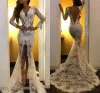 2024 Sexy Deep V Neck Lace Prom Dresses High Split Slit Backless Appliqued Long Sheeves Formele avondjurk Custom Made Celebrity Party Wear