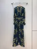 Silk dress trend 2024 early autumn new designer dress with a waist cinched V-neck and long sleeves, mulberry silk navy blue printed high-end long skirt