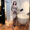 Casual Dresses European American Style Sexy Long High-slit Satin Long-sleeved Dress Slim-fit Tight Waist Hip Evening Party