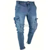 Men's Jeans Street Elastic Men Denim Cargo Pants Solid Color Multi Pockets Bottom zipper Casual Trousers Slim Fit Daily Wear Joggers d240417