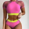 Frauen Badebekleidung sexy Mesh Patchwork Bikini High Taille Tankini Badeanzug O-Neck Trend 2 Stück Frauen Strand Outfit Badeanzug Bikinis Set