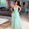 2024 Mint Green Long Evening Dress Dress Vestido Sweetheart Pregas Draped Buffles Tulle Mulheres Arábicas Sauditas Prom Vestidos formais Robe de Soiree