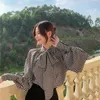 Kvinnors blusar Plaid Big Bow Long Sleeve Shirt 2024 Spring Top for Women Korean Clothes Vintage Shirts Elegant Blue Renaissance