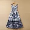 Blue and White Porcelain Print Long Dresses for Women Summer Runway Sleeveless Vacation Dress Spaghetti Strap Maxi Party Dress Vintage Beach Vestidos