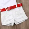 Kläderuppsättningar 1-7 år Kidflickor Summer Outfits Off Shoulder Floral Embrodery T-Shirt Topps Belted Shorts 2pcs Clothes Set