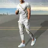 Herrspårar Summer Byxor Tracksuit Set Sportwear 3D Print rand Kort ärm T -skjorta Långa byxor 2 -stycken Mänkläder