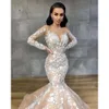 Manga Vintage Champagne Mermaid Vestidos largos de boda con encaje de marfil Apliques con cuentas Aso Ebi Árabe 2022 Vestidos nupciales de la tripulación Sheer Crew Vestido de novia