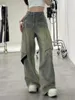 女性のジーンズハイウエスト女性洗浄ボタンフルレング幅デニムパンツファッションヴィンテージYKKライトブルールーズベルボトム