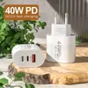 40W Fast Charger 3A 3 Ports Dual PD Typ C Wall Charger Power Adapters för iPhone -laddning Samsung S20 S22 UTRAL HTC Xiaomi Huawei