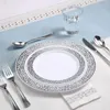 Einweg -Geschirr 350pcs Silber -Set für 50 Gäste Spitze Plastikplatten Hochleistungen einschließlich Abendessen