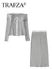 Work Dresses TRAFZA Spring Suits Woman 2024 Trendy Grey Turn-Down Collar Long Sleeves Zipper Cardigan High Waist Slim Elegant Skirts
