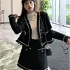 Vintage Tassel Tweed Black Jacket For Women Korean Fashion V-neck Single Breasted Plus Size Long Sleeve Coat Elegant Casual Tops 240417