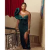 Green Sequined Mermaid Sparkly Prom Dark Dresses Ruffle Sleeve Side Splitt