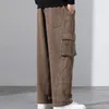 Men's Pants Men Wide Loose Solid Color Multi Pockets Deep Crotch Elastic Waist Soft Breathable Streetwear Long Trousers