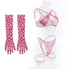 Reggiseni set da donna per leopardo rosa catena di metallo set di lingerie sexy con guanti e anelli per gambe regalo di San Valentino