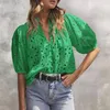 Blouses feminina Mulheres Camisa de renda Hollow Out Borda de bordada branca rosa verde rosa Verão 2024 Roupas Modern Girl Blusa Tops