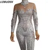 Stage Wear Vintage Printing Rhinestones Jumpsuit Long Sleeve Bodycon Nightclub Sexy Tuchard Party Birthday Performance Dance kostuum