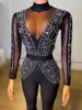 Stage Wear Sexy Silver Rhinestones Black Mesh Jumpsuit Performance Rompers Female Singer Birthday Djds Dance Stretch Outfit