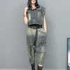 Kvinnors tvådelade byxor Personlig nödställd denim Lapel Short Tassel Patchwork Vest Cross-Pants Two-Piece Set Spring Fashion Suit Trend