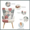 Pinyin interface chair with ottoman set, upholstered armchair with solid wood legs, comfortable reading, living room bedroom with ottoman (patchwork pink)