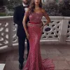 Robes de soirée de sirène rouge ruban paillettes scintillantes hors du train de balayage de l'épaule fabriqué sur mesure 2024 plus taille de la robe de bal de bal arabe de Dubaï Vestidos