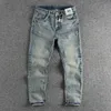 Jeans masculinos simples pequenos orifícios dobras retro tendência azul lava -lava