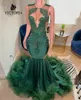 Partykleider Vintage Green Tüll Ruched Zug Crystal Meerjungfrau Abschlussballkleid für schwarze Mädchen Strauchsteine Afrikanische Geburtstag Hochzeit Gastkleid