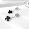 Original varumärke 925 Sterling Silver Van Double Flower Clover örhängen pläterad med 18K White Gold Full Diamond Black Agate Lucky Grass High Edition