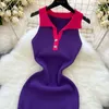 2024 Sexy Elatic Summer Knit Strap Dress Women Tank Bodycon Sundress Female Beach Buttons Midi Dress Outfit 240415