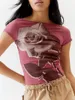 Camisetas femininas Mulheres Summer Slim Crop Tops T-shirt de boates de manga curta Rose Print Party para 2024