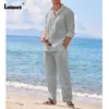 Les survêtements masculins Ladiguard Plus Taille pour hommes en lin décontracté en deux pièces 2024 Europe Style Tops de base et pantalons blancs
