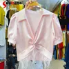 여성용 블라우스 2024 여름 옷 우아한 사교계 버드 아세테이트 직물 짧은 슬리브 셔츠 blusas femininas elegantes