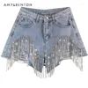 Women's Shorts Summer Street Fashion Rhinestone Chain Tassel Denim Women High Waist Slim Casual Wide Leg Pants All-Match Girl