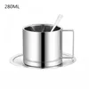 Tazas Taza de té de café y platillo 304 tazas de té de acero inoxidable tazas de aislamiento térmico de doble muelle desayuno