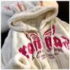 Women's Hoodies Sweatshirts New Cute Rabbit Big Ear Lamb Wool Sweater Embroidery Hoodies Women Korean Thickened Wooly Zip Up Hoodies Kawaii Goth Y2k Clothes 240413