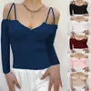 2024 New Spring V-neck Solid Color Long sleeved Sexy Open Back Knitted Top with Suspended Straps for Women's Wear
