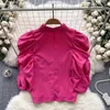 Women's Blouses Ladies Summer Single-Breasted Black White Short Shirt Spring Fold Puff Sleeve Solid Long 8 Colors Tops