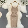 2024 vSexy Sleeveless Elastic Knit Bodycon Dress Sexy Chic Vestidos Women Summer Slim Women Chain Slip Dress 240415