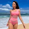 Women's Swimwear Cikini-Women's Cut-Out Mesh Swimsuit Monochromatic Bikinis Set Beach Bathing Suit Summer 2024