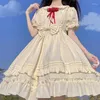 Kläder sätter söt lolita kort ärm klänning kvinnor rufsade eleganta puff bow sommarklänningar flickor kawaii prinsessan parti vestidos