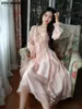 Casual Dresses French Vintage Evening Party Midi Dress Korean Style Sweet Female Bubble Sleeve Elegant Fairy Pink Birthday For Women