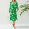 Casual jurken vrouwen met lange mouwen polka stip ruches feestjurk elegant v nek slank fit midden lengte visstaart rokken geplooide zeemeermin