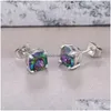 Stud Square Cubic Zircon Diamond Earrings Rainbow Green Blue Crystal For Women Valentines Gift Fashion Jewelry Drop Delivery Dh5ep