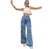 WOMEN JEANS womens ripped washed high waisted loose straight leg denim pants