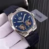 Nuova custodia per acciaio grande all'estero Double Tourbillon Blue Dial Mens Watch Blue Leather Strap Gents Orologi di alta qualità 8 3039