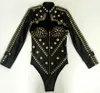 Stage Wear Black PU Leather Rivet Bodysuit Jacket 2-Piece Set Sexy Fashion Women Singer Dancer Jazz Dance Performance Costume